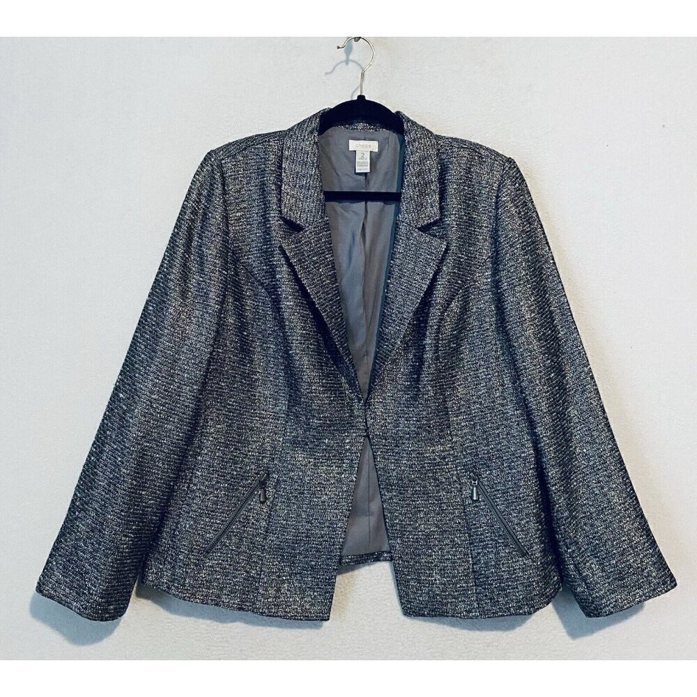 Chicos Blazer Womens Large Gold Metallic Tweed Zippered Pockets Work Career